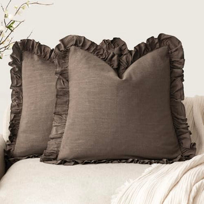 Foindtower Linen Fringe Ruffle Throw Pillow Covers 18×18 Inch Dark Brown - color: Dark Brown, size: 18" x 18" (Pack of 2)