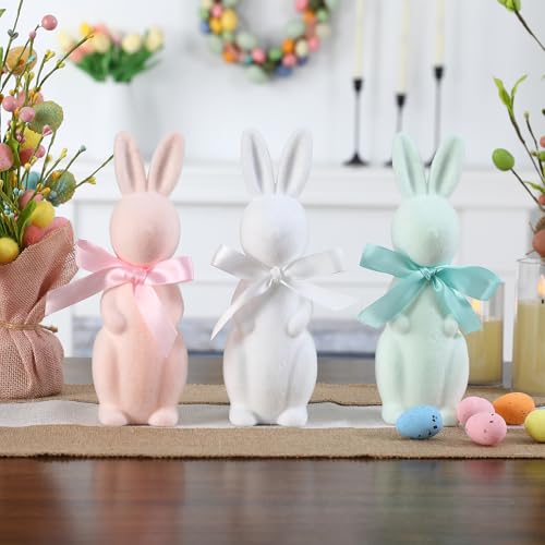 FestalMart Easter Decorations-3 Pack Flocked Bow Tied Bunny Set- Pastel Bunny Decor for Spring Home Shelf Mantel Table Windowsill Party Decor