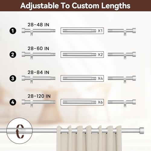 Silver Curtain Rods for Windows 28 to 48 Inch,5/8 Inch Diameter Heavy Duty Metal Stainless Steel Drapery Rods with Brackets,Modern Curtain Rod with Simple End Caps - color: Silver, size: 28-48"(1 Pack)