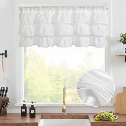 jinchan Ruffled Kitchen Window Valance Curtain, 18 Inch, 1 Panel, White - color: 3-tier Ruffle | White, size: 50"W x 18"L (Pack of 1)