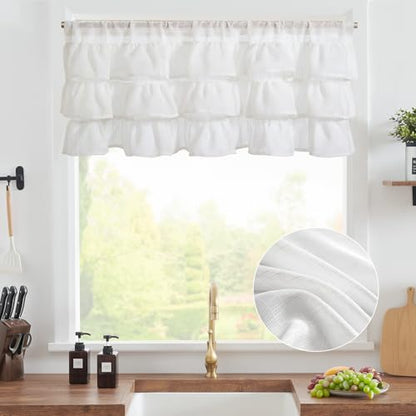jinchan Ruffled Kitchen Window Valance Curtain, 18 Inch, 1 Panel, White - color: 3-tier Ruffle | White, size: 50"W x 18"L (Pack of 1)