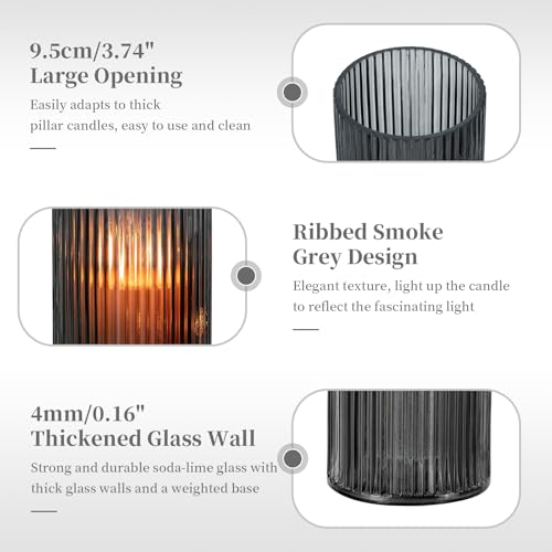 Glasseam Hurricane Glass Candle Holders: 2 Pcs Ribbed Cylinder Grey Vases