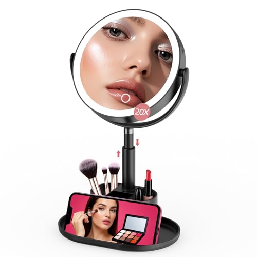 20X Magnifying Mirror with Lights and Storage, Double Sided Vanity Mirror - color: Black