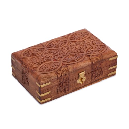 Ajuny Wooden Treasure Chest 8x5 Inch, Hand Carved Eye Floral Jewelry Box