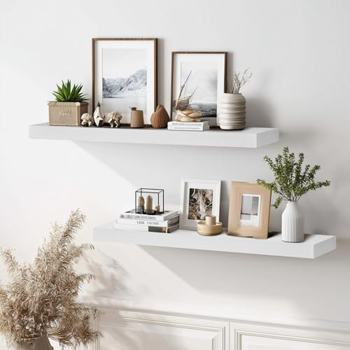 Solid Wood Floating Shelves, 36 Inch Wall Shelves, Set of 2, White - color: White, size: 36x8x1.6