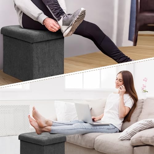Athena Collection 15" Storage Ottoman Bench Folding Bench with 40L Hidden Storage, Small Cube Ottoman Linen Foot Rest Stool Chest with Flipping Lid for Living Room, Bedroom, Entryway, Dark Gray - color: Dark Gray, style: 15" Linen