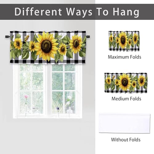 Sunflowers Valance Curtains 2 Pack Buffalo Plaid Spring Summer Valance for Kitchen Windows Bathroom Living Room Bedroom Window Treatment Valances 54x18 inch - color: Sunflowers