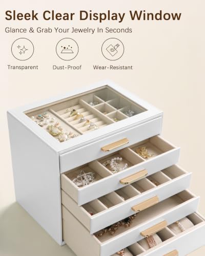 Homeanda Jewelry Boxes Organizer with Glass Lid, 5-Layer PU Leather, White - color: White, size: 5 Layer