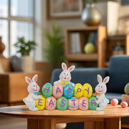 DR.DUDU Easter Decorations Eggs Bunny, Hand-Painted Resin Tabletop Centerpiece, Decor Bunny Figurine for Home Room Table Office Party (Happy Easter)