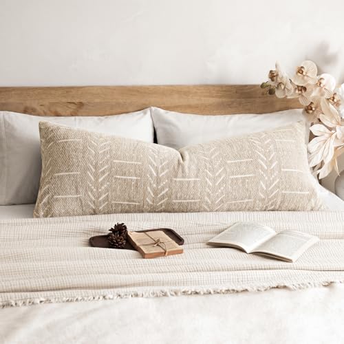 Foindtower Set of 1 Decorative Chenille Jacquard Throw Pillow Cover Textured Farmhouse Body Cushion Covers Neutral Boho Accent Home Decor for Sofa Chair Couch Bed Living Room,14×36 Inch,Natural Beige - color: Beige, size: 36" x 14" (Pack of 1)