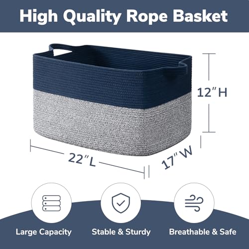 Goodpick 75L Extra Large Woven Blanket Basket, 22" x 17" x 12", Blue - color: Blue, size: 22"L x 17"W x 12"H