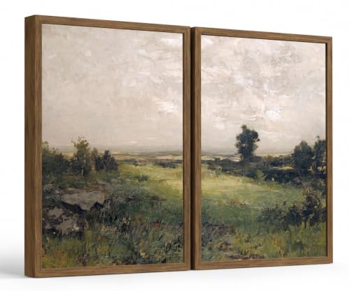 Landscape Wall Art Set of 2 Framed, Neutral Farmhouse Canvas Prints, - color: Green scenery, size: 16x24 Inches