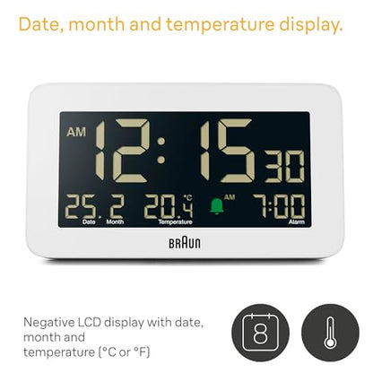 Braun Digital Alarm Clock with Date, Month and Temperature Displayed, Negative LCD Display, Quick Set, Crescendo Beep Alarm in White, Model BC10W. - color: White
