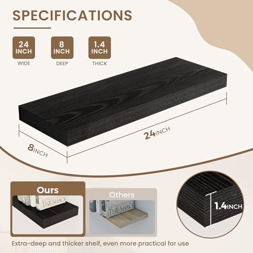 Dreamland 24 Inches Wall Mounted Wood Floating Shelves, Black, 2 Pack - color: Black, size: 24in