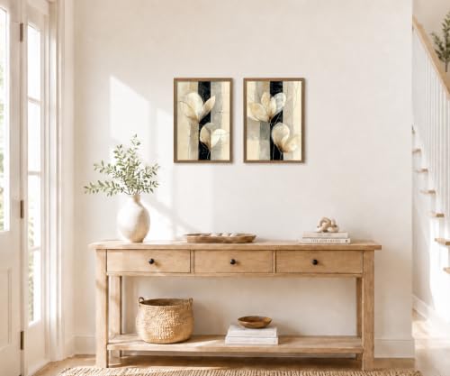 Framed Modern Neutral Black White Abstract Floral Canvas Wall Art Set of 2 - color: Beige, Black, Gold, Cream, White, size: 12"L x 16"W
