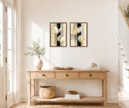 Framed Modern Neutral Black White Abstract Floral Canvas Wall Art Set of 2 - color: Beige, Black, Gold, Cream, White, size: 12"L x 16"W