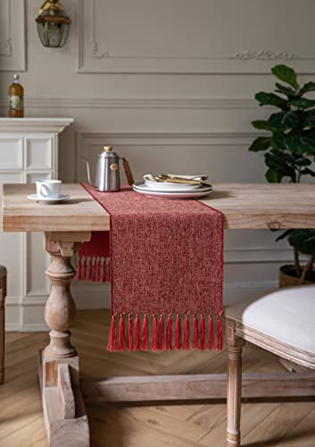 ZeeMart Red Table Runners 60 Inches Long, Burlap Linen Style Rustic Farmhouse Table Runner, Boho Woven Dining Table Runner, 13x60 Inches, Red - color: Classic Burlap/Red, size: 60" x 13" (Rectangular)