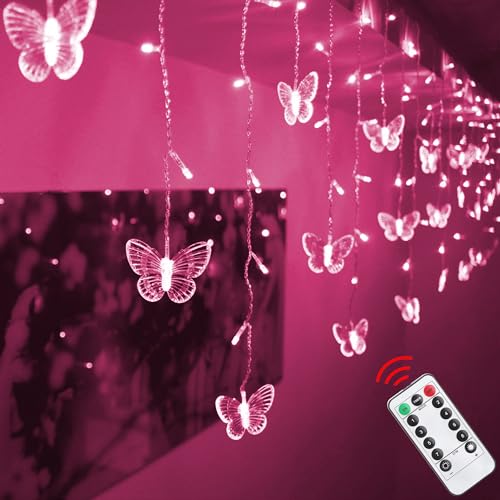 Butterfly Curtain Lights, 4.9ft 48 LED USB Window Fairy Lights 10 Butterflies 8 Modes Firefly Twinkle Timer String Lights with Remote for Room Bedroom Wall Ceiling Party Wedding Christmas - color: Pink, size: 4.9ft