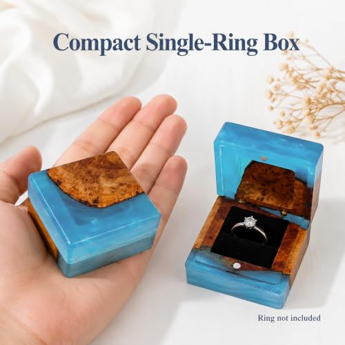 Wedding Ring Box for Proposal with Single Slot, Handcrafted, Made of Wood and Resin, Wedding Ceremony, Jewelry Organizer - color: Light Blue