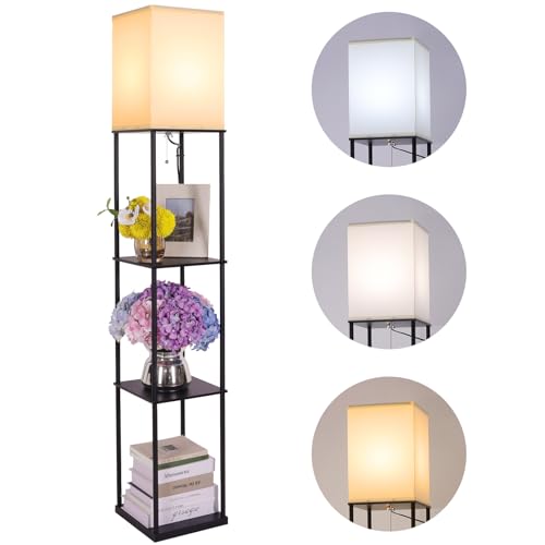 Gupuzm Floor Lamp with Shelves, Modern Square Standing Lamp with 3 Color Temperature Bulb, Corner Display Bookshelf Lamp for Living Room, Bedroom and Office (Black) - color: Black