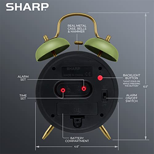 Sharp Twin Bell Alarm Clock for Heavy Sleepers, 4-Inch, Matte Sage - color: Matte Sage