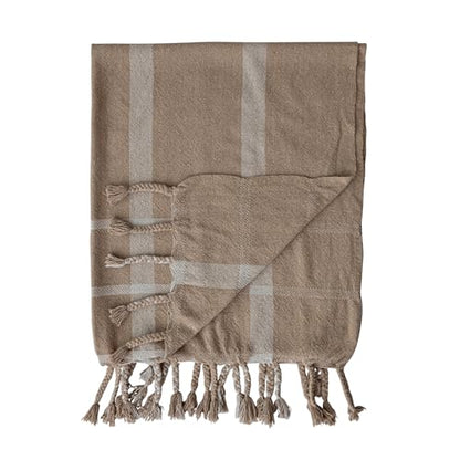 Creative Co-Op Woven Cotton Blend Striped Throw with Braided Fringe, Beige and Natural