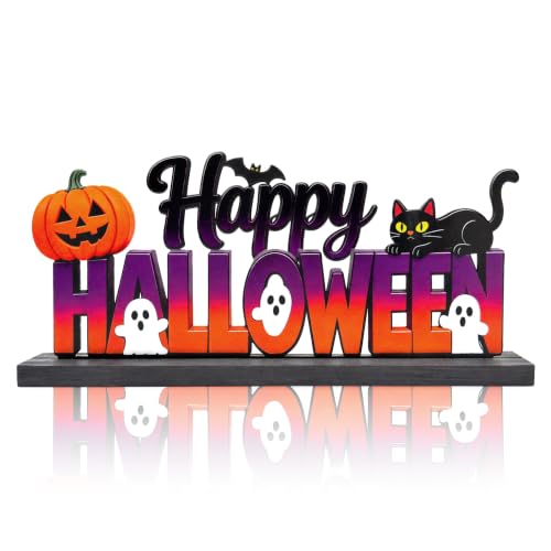 Metal Happy Halloween Desktop Sign for Home, Halloween Tabletop Decoration with Wooden Base, Ghosts and Pumpkin and Black Cat Table Centerpiece for Desk Shelf Mantel Decor. - color: Happy Halloween