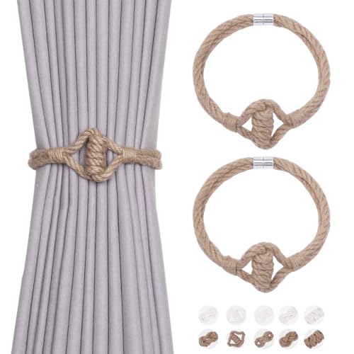 NICEEC 2 Pack Natural Jute Rope Curtain Tiebacks Elegant Boho Style Magnetic Drape Tie Backs Soft Hand-Woven Rope Curtain Holdbacks for Home & Office Drapery (Jute knot-03) - color: Jute Knot-03, size: 2 Pack