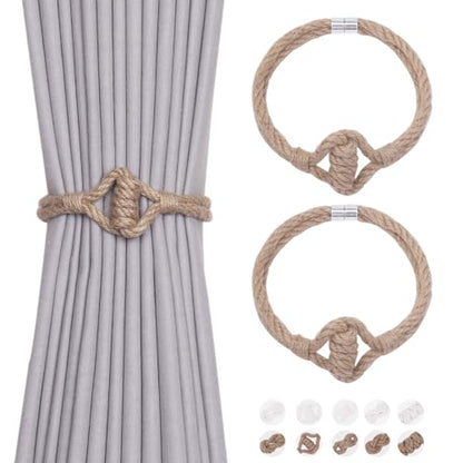 NICEEC 2 Pack Natural Jute Rope Curtain Tiebacks Elegant Boho Style Magnetic Drape Tie Backs Soft Hand-Woven Rope Curtain Holdbacks for Home & Office Drapery (Jute knot-03) - color: Jute Knot-03, size: 2 Pack