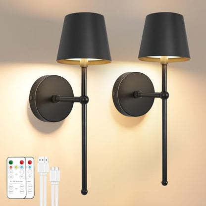 TaoFiaCo Battery Operated Wall Sconces Set of 2,Wireless Wall Sconce Black