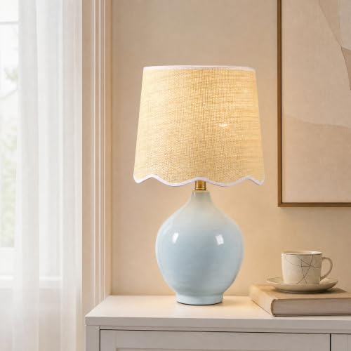 21"H Sky Blue Ceramic Table Lamp with Beige Faux Rattan Drum Shade - color: Sky Blue
