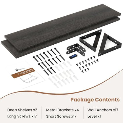 Axeman 55 Inch Floating Shelves, 8 Inch Deep Black Wall Shelves Set of 2 - color: Black, size: 55 Inch