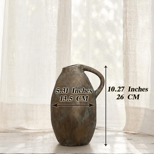 Rustic Ceramic Vase with Handle, 10.3 Inch, Handmade Decor, Brown - color: Brown