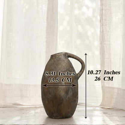Rustic Ceramic Vase with Handle, 10.3 Inch, Handmade Decor, Brown - color: Brown