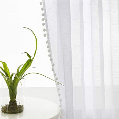 Snow White Sheer Curtains 95" Bedroom Pompom Voile Window Drape Living Room - color: Snow White, size: 52"W x 95"L (Pack of 2)