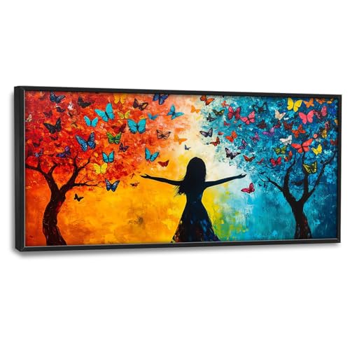 Trulave Large Colorful Butterfly Tree Wall Art for Living Room 60''x30'' | Framed Banksy Girl Dance Canvas Wall Decor Picture Painting Modern Artwork for Bedroom Office - color: Colorful Tree, size: 60"L x 30"W
