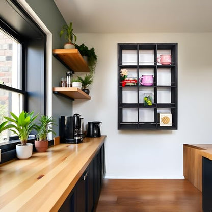 12 Grid coffee mug display shelf, 17x25" Wooden cup shelf for wall, Black - color: Black