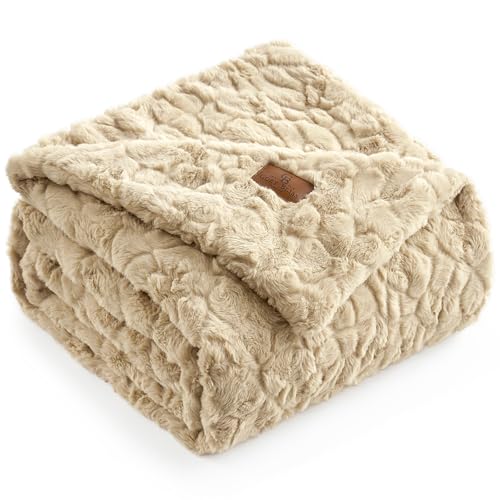 Cozy Bliss Faux Fur Throw Blanket for Couch, Fuzzy Soft Plush Thick Warm Fluffy Reversible Wave Textured Blanket for Sofa Bedroom Living Room, 55 * 70 Inches Khaki - color: Khaki, size: Throw(55" x 70")
