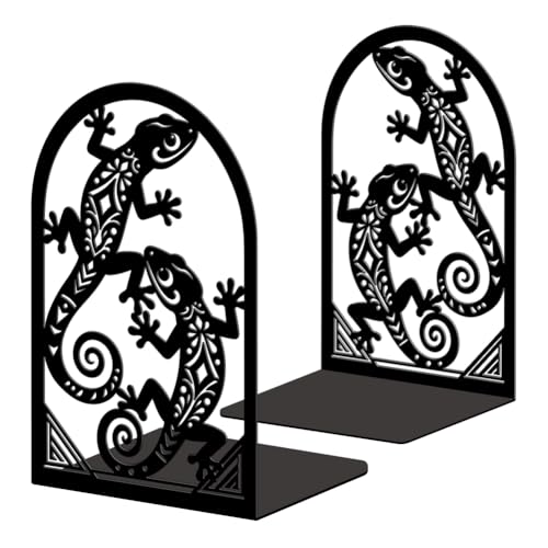 Peacoblue 5.3"x4.3"x7.9" Metal Bookends, Heavy Duty Book Ends for Shelves - style: Geckos