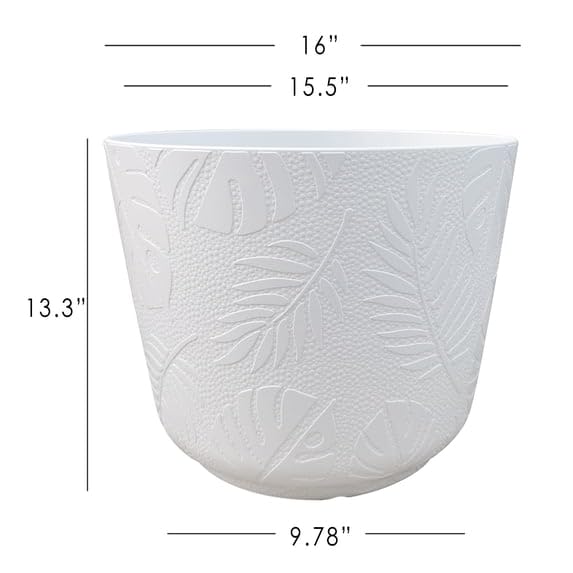 Large 16 Inch Diameter White Resin Planter, Round Flower Pot for Indoor Outdoor Plants, Modern Decorative Container, Lightweight Durable for Patio, Living Room
