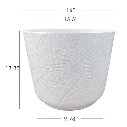 Large 16 Inch Diameter White Resin Planter, Round Flower Pot for Indoor Outdoor Plants, Modern Decorative Container, Lightweight Durable for Patio, Living Room