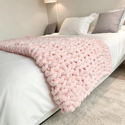 Soft Chunky Knit Throw Blanket for Couch, Cozy Warm Knitted Blankets - color: Pink, size: 48"x71"(Large Size Throw)