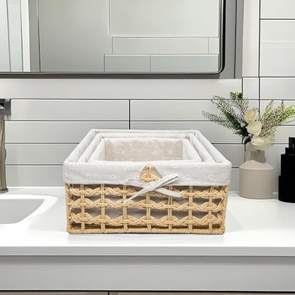 GIB Small Wicker Woven Storage Baskets for Organizng with Liners, Set of 3 - color: Beige
