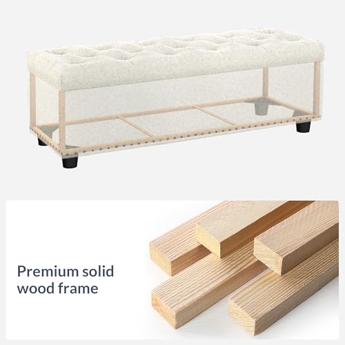 BELLEZE Storage Ottoman, Tufted Ottoman with Close Hinge, Foot Rest for Living Room (White, 47 inch) - color: White