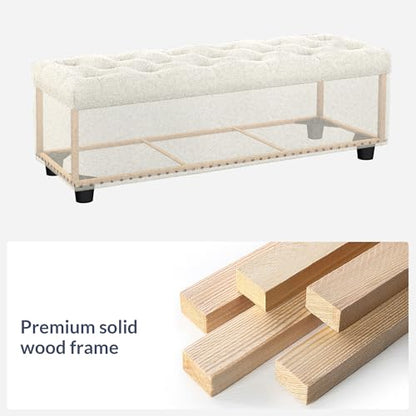 BELLEZE Storage Ottoman, Tufted Ottoman with Close Hinge, Foot Rest for Living Room (White, 47 inch) - color: White