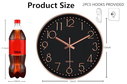 Modern Silent Wall Clock - 12 Inch Wall Clocks Battery Operated Large Number, Non-Ticking Analog Clock with Tempered Glass Quartz Clocks for Living Room Bedroom Office Kitchen, Black Rose Gold - color: Black Rose Gold, size: 12 Inch