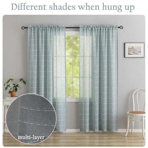 Blue Sheer Curtains 63 Inches Boho Striped Faux Linen 2 Panels - color: Blue, size: 52"W x 63"L (Pack of 2)
