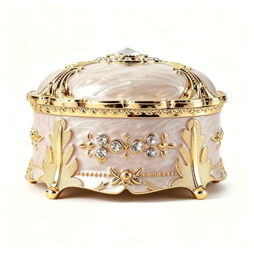 Small Vintage Beige Oval Enamel Jewelry Box, Metal Trinket - color: Beige