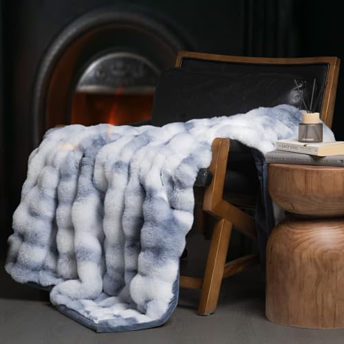 EverGrace Faux Rabbit Fur Bubble Throw Blanket, 60"x80", Cloud Blue - color: Marble Cloud Blue, size: 60"x80"