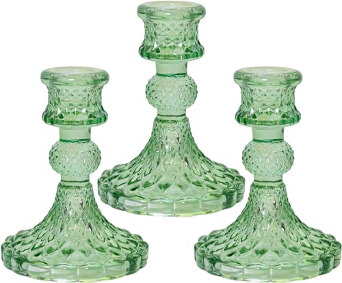 Glass Candlestick Holder Taper and Pillar Candle Holder, Desktop Decoration for Wedding Dinning Party-3 pcs(Green) - color: Green
